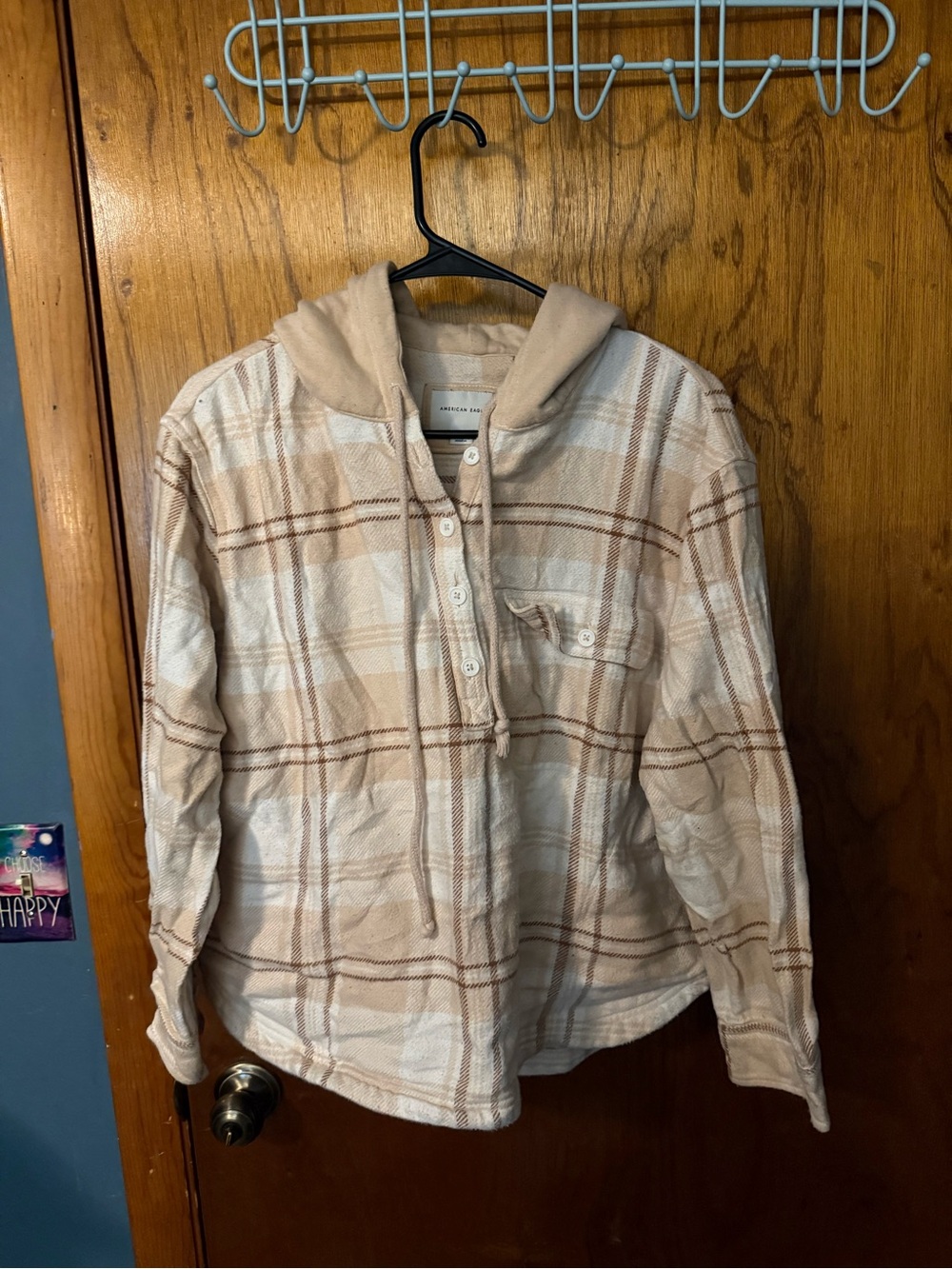 American Eagle Outfitters Beige Plaid Hooded Button-Front Jacket